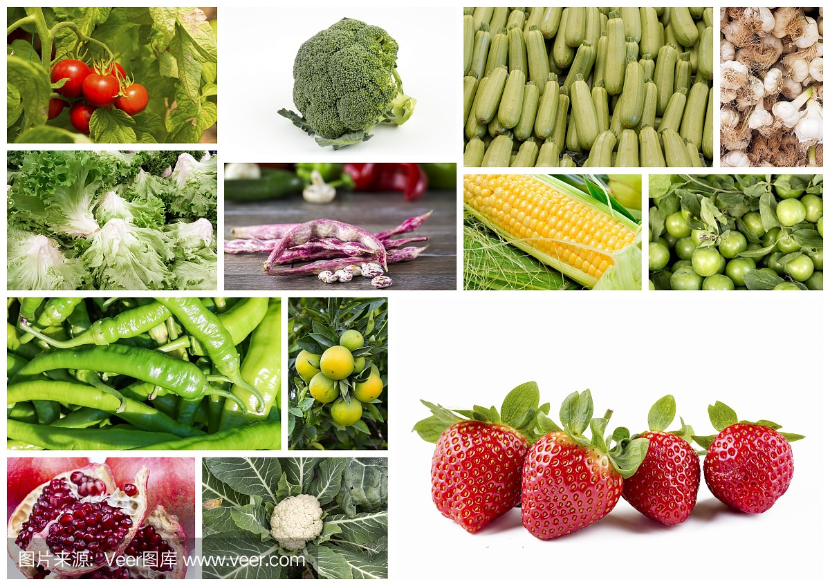 新鲜蔬菜和水果拼贴。各种蔬菜和水果背景。