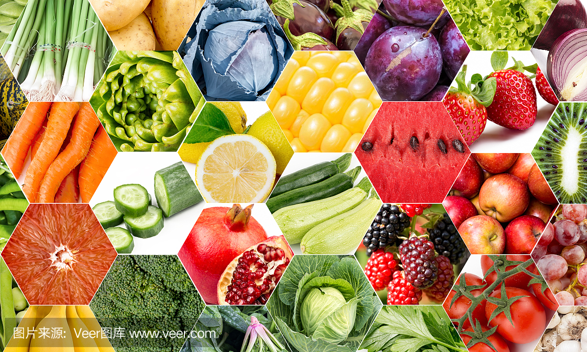 给水果和蔬菜着色。新鲜食物。的概念。拼贴画