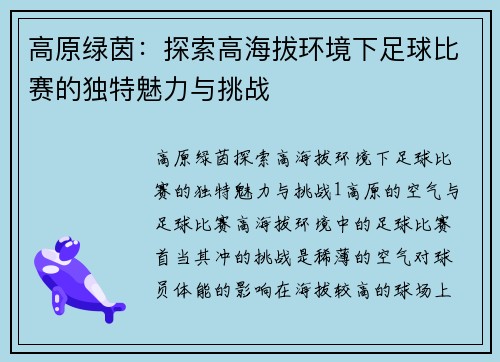高原绿茵：探索高海拔环境下足球比赛的独特魅力与挑战