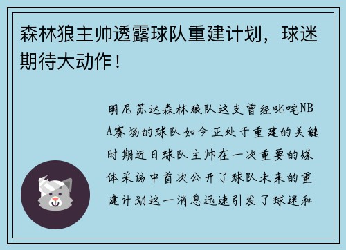 森林狼主帅透露球队重建计划，球迷期待大动作！