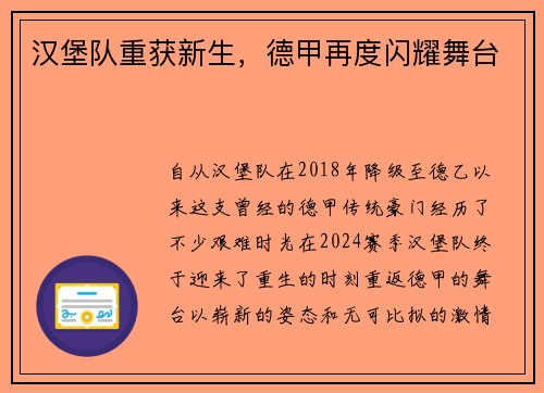 汉堡队重获新生，德甲再度闪耀舞台