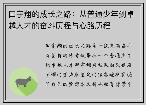 田宇翔的成长之路：从普通少年到卓越人才的奋斗历程与心路历程
