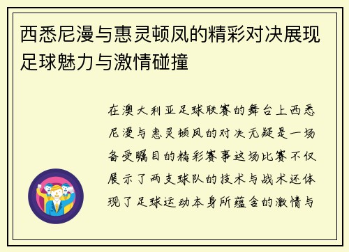 西悉尼漫与惠灵顿凤的精彩对决展现足球魅力与激情碰撞