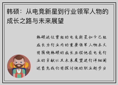 韩硕：从电竞新星到行业领军人物的成长之路与未来展望