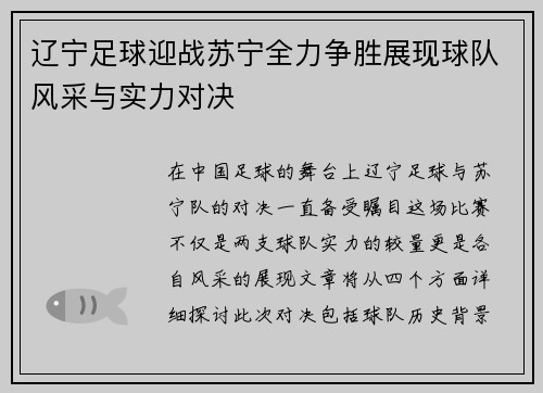 辽宁足球迎战苏宁全力争胜展现球队风采与实力对决