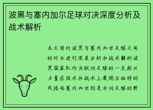 波黑与塞内加尔足球对决深度分析及战术解析