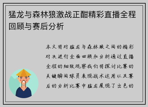 猛龙与森林狼激战正酣精彩直播全程回顾与赛后分析