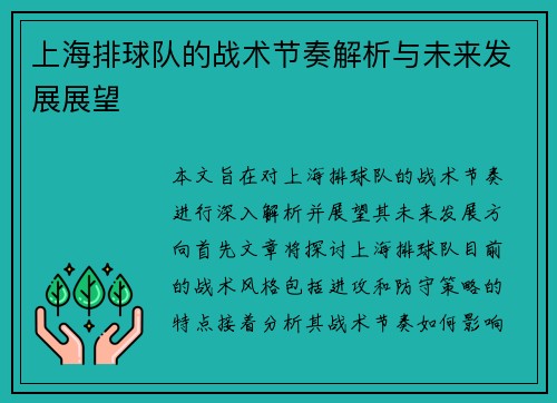 上海排球队的战术节奏解析与未来发展展望