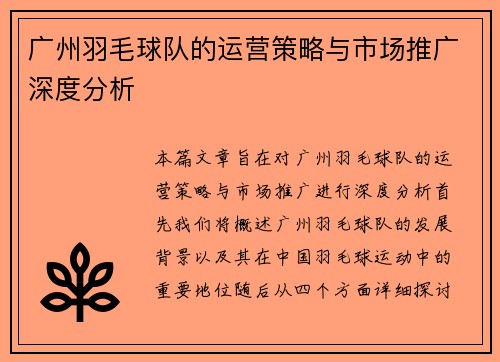 广州羽毛球队的运营策略与市场推广深度分析