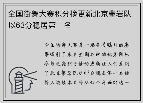 全国街舞大赛积分榜更新北京攀岩队以63分稳居第一名