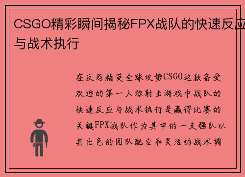 CSGO精彩瞬间揭秘FPX战队的快速反应与战术执行