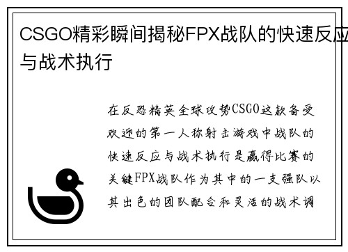 CSGO精彩瞬间揭秘FPX战队的快速反应与战术执行